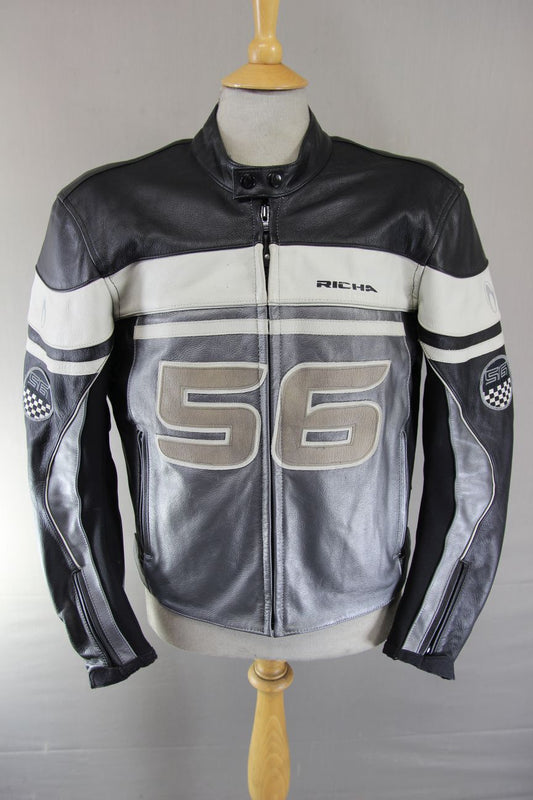 RICHA SILVER & BLACK LEATHER BIKER JACKET WITH CE ARMOUR & THERMAL LINING 44 IN