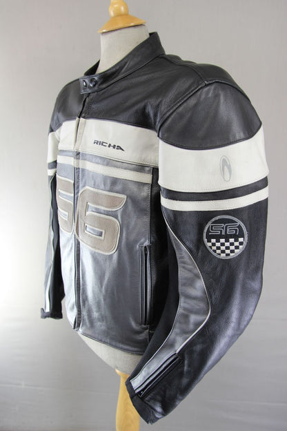 RICHA SILVER & BLACK LEATHER BIKER JACKET WITH CE ARMOUR & THERMAL LINING 44 IN