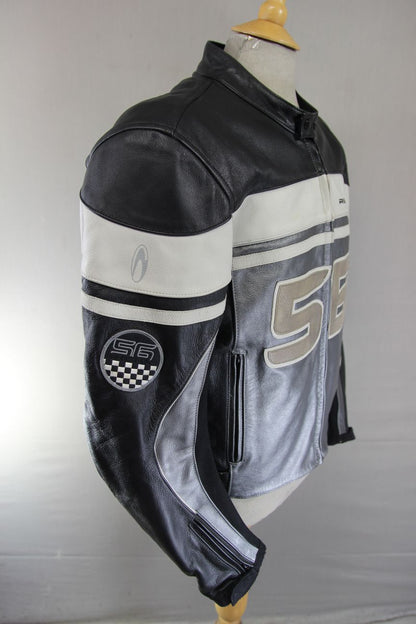 RICHA SILVER & BLACK LEATHER BIKER JACKET WITH CE ARMOUR & THERMAL LINING 44 IN