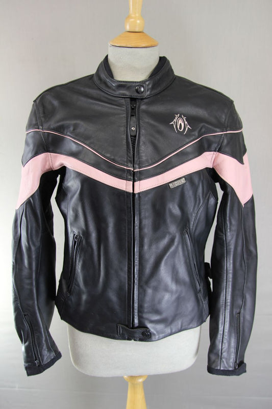 RICHA BLACK & PINK LEATHER BIKER JACKET + BACK/SHOULDER/ELBOW CE ARMOUR: SIZE 12