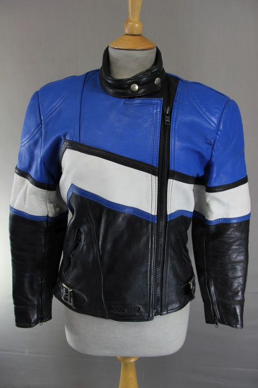 VINTAGE 1980's SPORTEX BLACK, BLUE AND WHITE COMBI LEATHER BIKER JACKET SIZE 14
