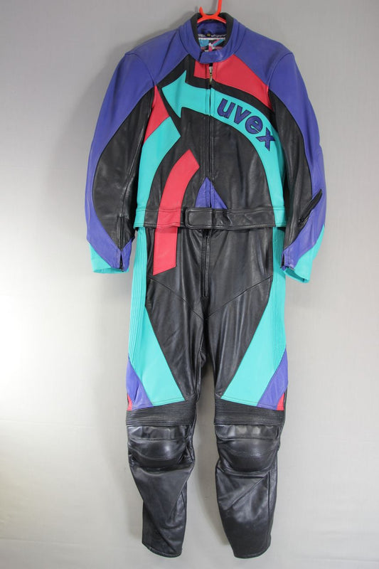 VINTAGE 80'S/90'S UVEX 2 PIECE LEATHER BIKER SUIT WITH PROTECTORS CHEST 38 INCH