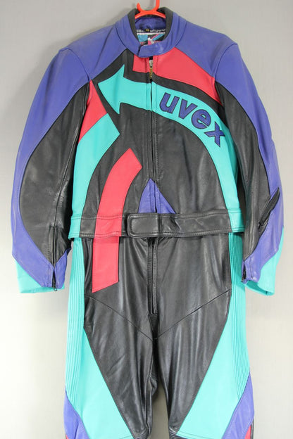 VINTAGE 80'S/90'S UVEX 2 PIECE LEATHER BIKER SUIT WITH PROTECTORS CHEST 38 INCH