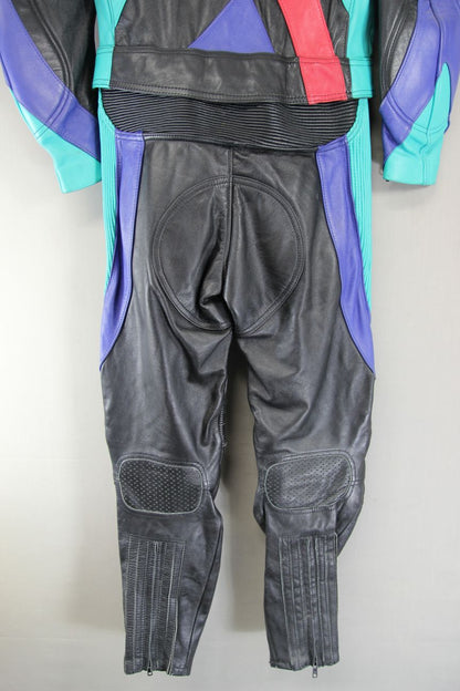 VINTAGE 80'S/90'S UVEX 2 PIECE LEATHER BIKER SUIT WITH PROTECTORS CHEST 38 INCH