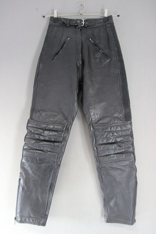 BUFFALO BLACK LEATHER BIKER TROUSERS SIZE 10: WAIST 26 INCH/INSIDE LEG 29 INCH