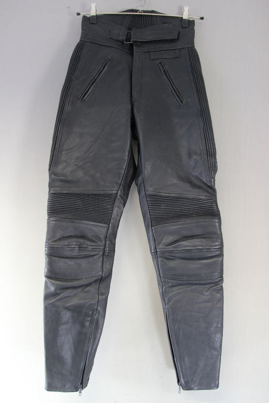 BELSTAFF BLACK LEATHER BIKER TROUSERS: WAIST 28 INCH/INSIDE LEG 32 INCH