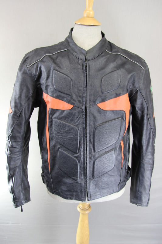 RIDEX BLACK & ORANGE LEATHER BIKER JACKET + BACK/SHOULDER/ELBOW CE ARMOUR 40IN/M