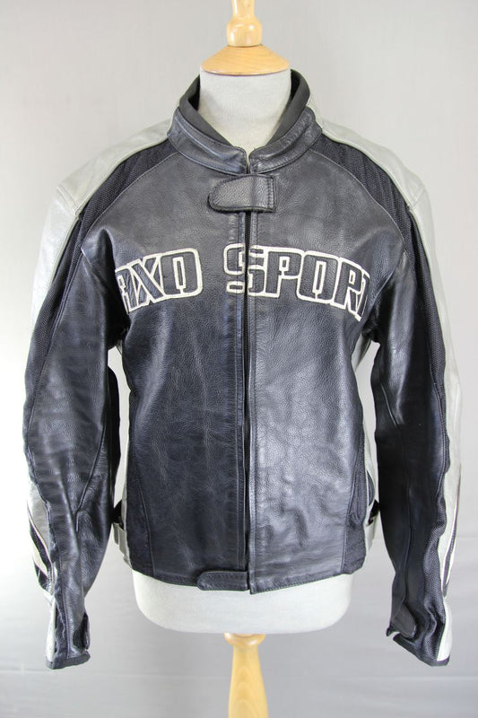 AXO SPORT BLACK & SILVER LEATHER BIKER JACKET + SHOULDER & ELBOW CE ARMOUR 38 IN