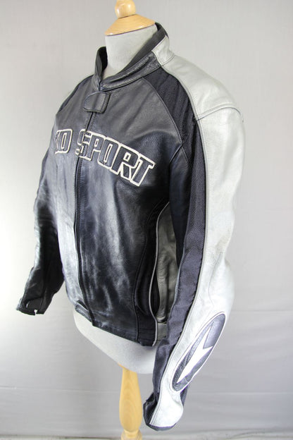 AXO SPORT BLACK & SILVER LEATHER BIKER JACKET + SHOULDER & ELBOW CE ARMOUR 38 IN