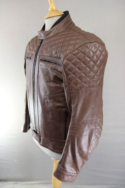 STINA MOTO BROWN LEATHER BIKER JACKET WITH CE ARMOUR & THERMAL LINING 40 IN/MED