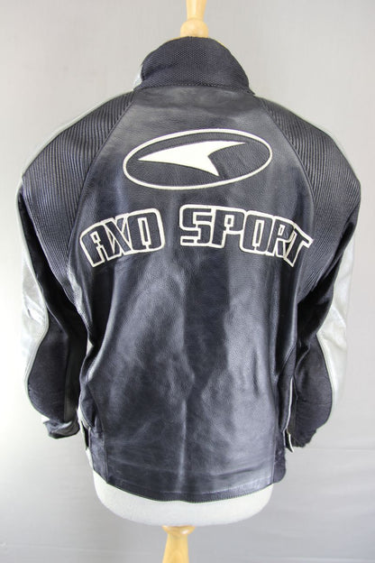 AXO SPORT BLACK & SILVER LEATHER BIKER JACKET + SHOULDER & ELBOW CE ARMOUR 38 IN