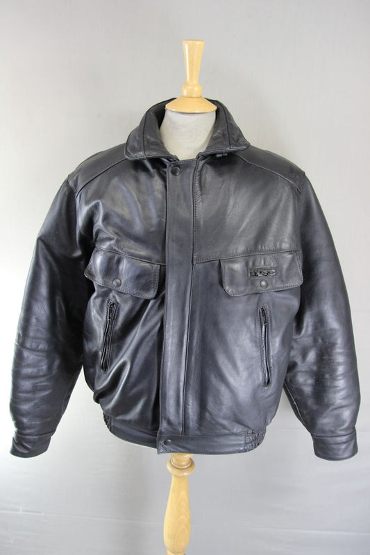 VINTAGE 1980's FRANK THOMAS B52 PILOT ARMASPORT BLACK LEATHER BIKER JACKET 40 IN