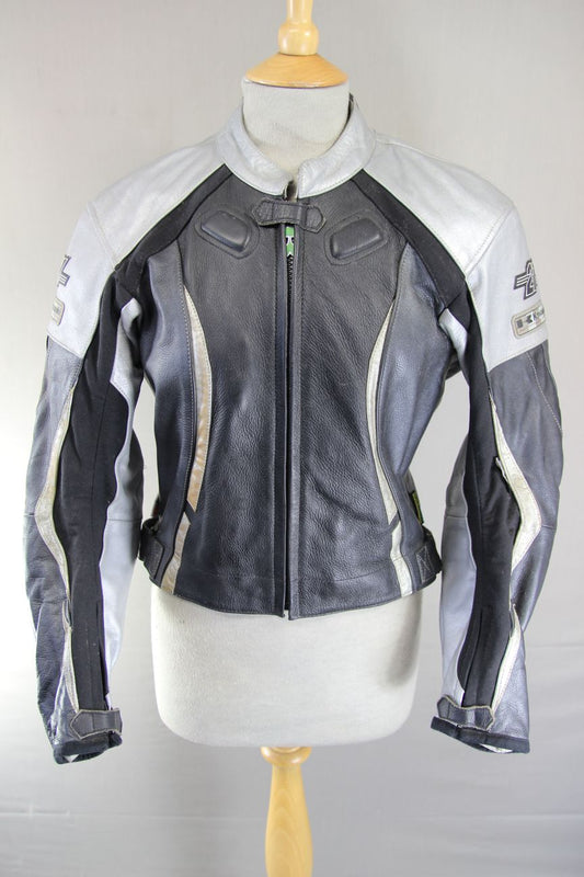 KAWASAKI 21 NINJA BLACK & SILVER LEATHER BIKER JACKET WITH CE ARMOUR 36 INCH