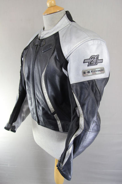 KAWASAKI 21 NINJA BLACK & SILVER LEATHER BIKER JACKET WITH CE ARMOUR 36 INCH