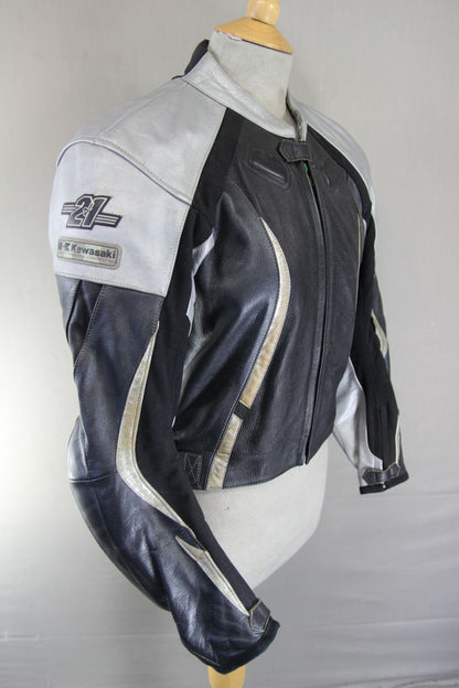 KAWASAKI 21 NINJA BLACK & SILVER LEATHER BIKER JACKET WITH CE ARMOUR 36 INCH