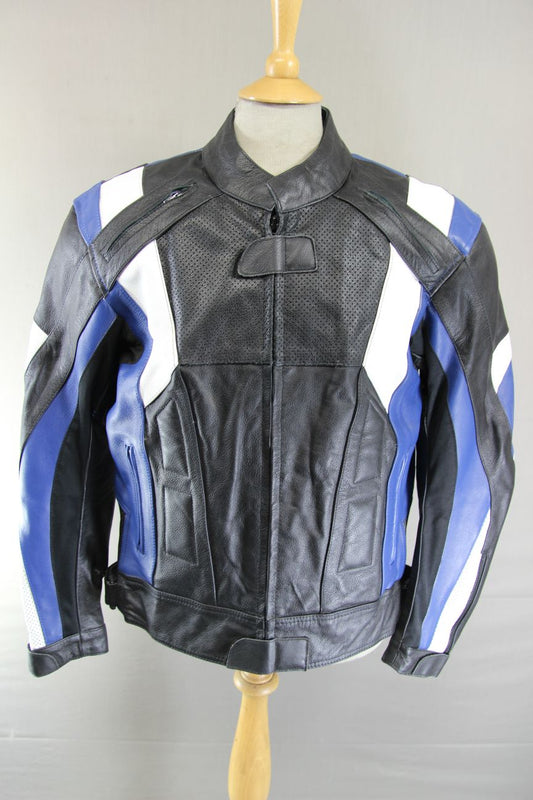 TEXPEED BLACK, BLUE & WHITE LEATHER BIKER JACKET + ARMOUR/THERMAL LINING 44 INCH