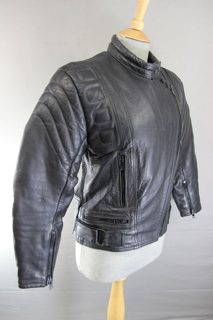 CLASSIC BLACK DYNAMIC LEATHERS COWHIDE BIKER JACKET: SIZE 12