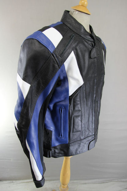 TEXPEED BLACK, BLUE & WHITE LEATHER BIKER JACKET + ARMOUR/THERMAL LINING 44 INCH