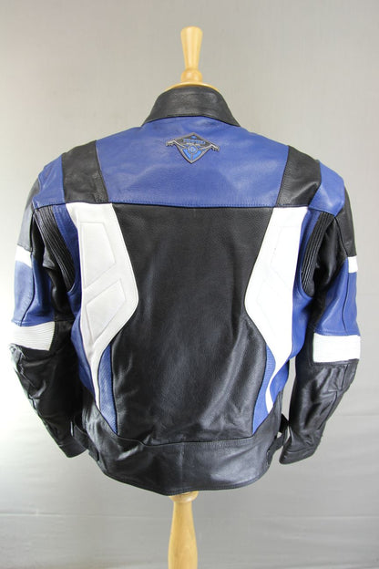 TEXPEED BLACK, BLUE & WHITE LEATHER BIKER JACKET + ARMOUR/THERMAL LINING 44 INCH