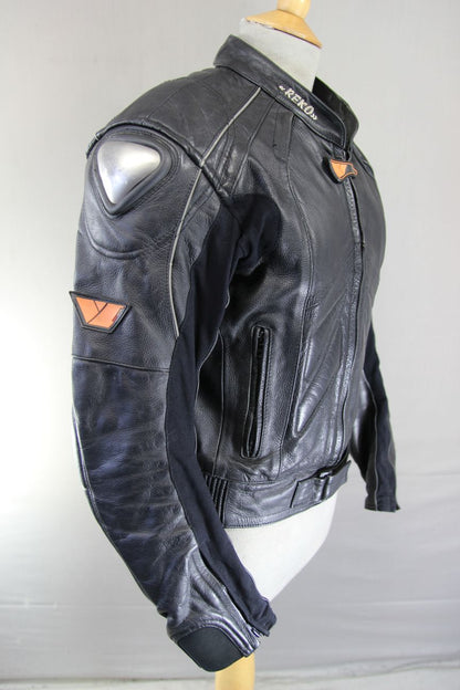 REKO RACING BLACK LEATHER BIKER JACKET WITH CE ARMOUR & THERMAL LINING 36-38IN/S