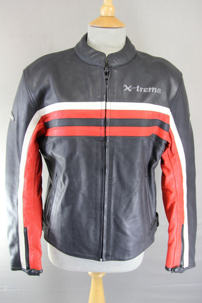 X-TREME BLACK, RED & WHITE LEATHER BIKER JACKET WITH CE ARMOUR SIZE 12/36 INCH