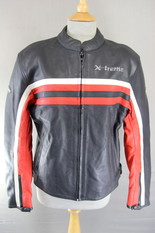 X-TREME BLACK, RED & WHITE LEATHER BIKER JACKET WITH CE ARMOUR SIZE 12/36 INCH
