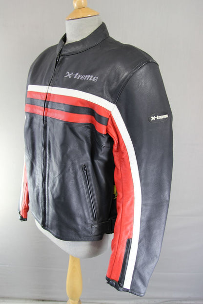 X-TREME BLACK, RED & WHITE LEATHER BIKER JACKET WITH CE ARMOUR SIZE 12/36 INCH