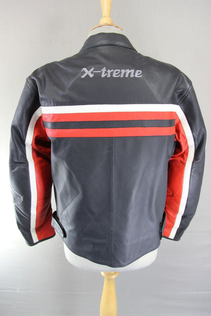 X-TREME BLACK, RED & WHITE LEATHER BIKER JACKET WITH CE ARMOUR SIZE 12/36 INCH