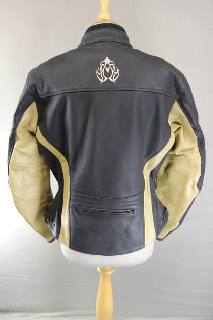 RK SPORTS LADIES BLACK & BEIGE LEATHER BIKER JACKET 38 INCH/MEDIUM
