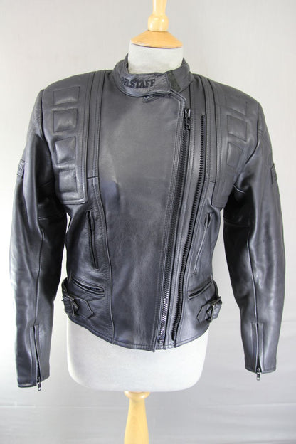 BELSTAFF BLACK LEATHER BIKER JACKET: SIZE 12  34-36 INCH CHEST