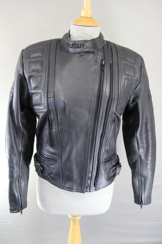 BELSTAFF BLACK LEATHER BIKER JACKET: SIZE 12  34-36 INCH CHEST