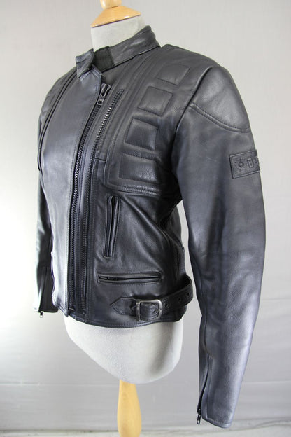 BELSTAFF BLACK LEATHER BIKER JACKET: SIZE 12  34-36 INCH CHEST
