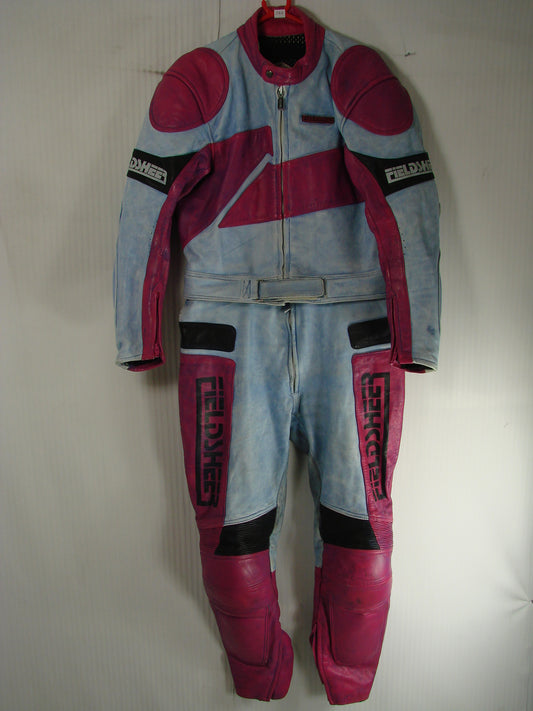 VINTAGE 80'S/90'S FIELDSHEER 2 PIECE BLUE & PURPLE LEATHER BIKER SUIT 42 INCH