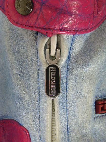 VINTAGE 80'S/90'S FIELDSHEER 2 PIECE BLUE & PURPLE LEATHER BIKER SUIT 42 INCH