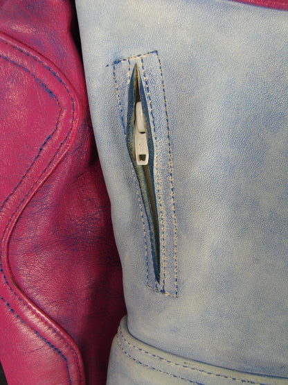 VINTAGE 80'S/90'S FIELDSHEER 2 PIECE BLUE & PURPLE LEATHER BIKER SUIT 42 INCH